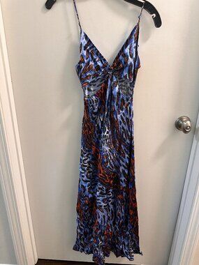 Blue & Orange Animal Print Twist Front Dress — Bold Statement Piece